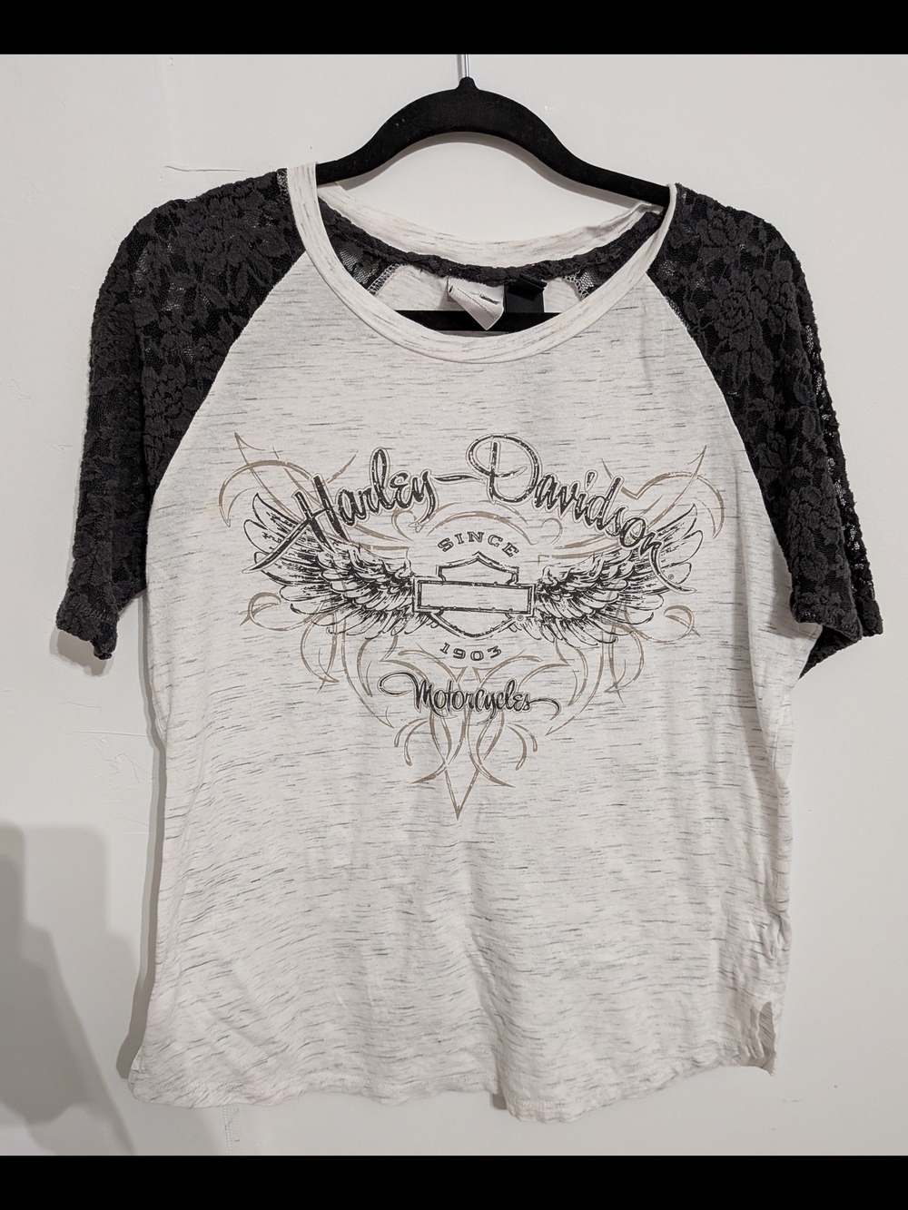 Harley-Davidson White Slub Tee with Black Lace Raglan Sleeves and Wing Graphic